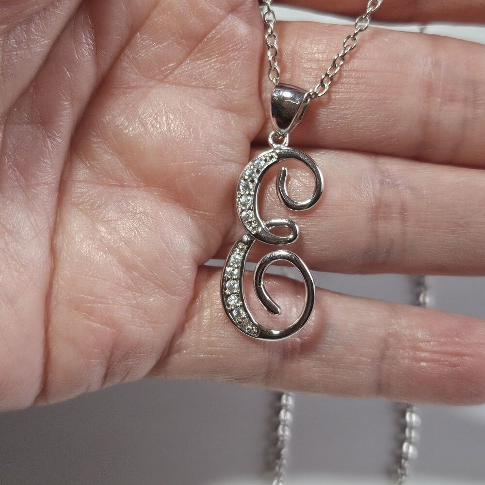 Silver Tone Clear Rhinestone Cursive Letter E Pendant Necklace 18"